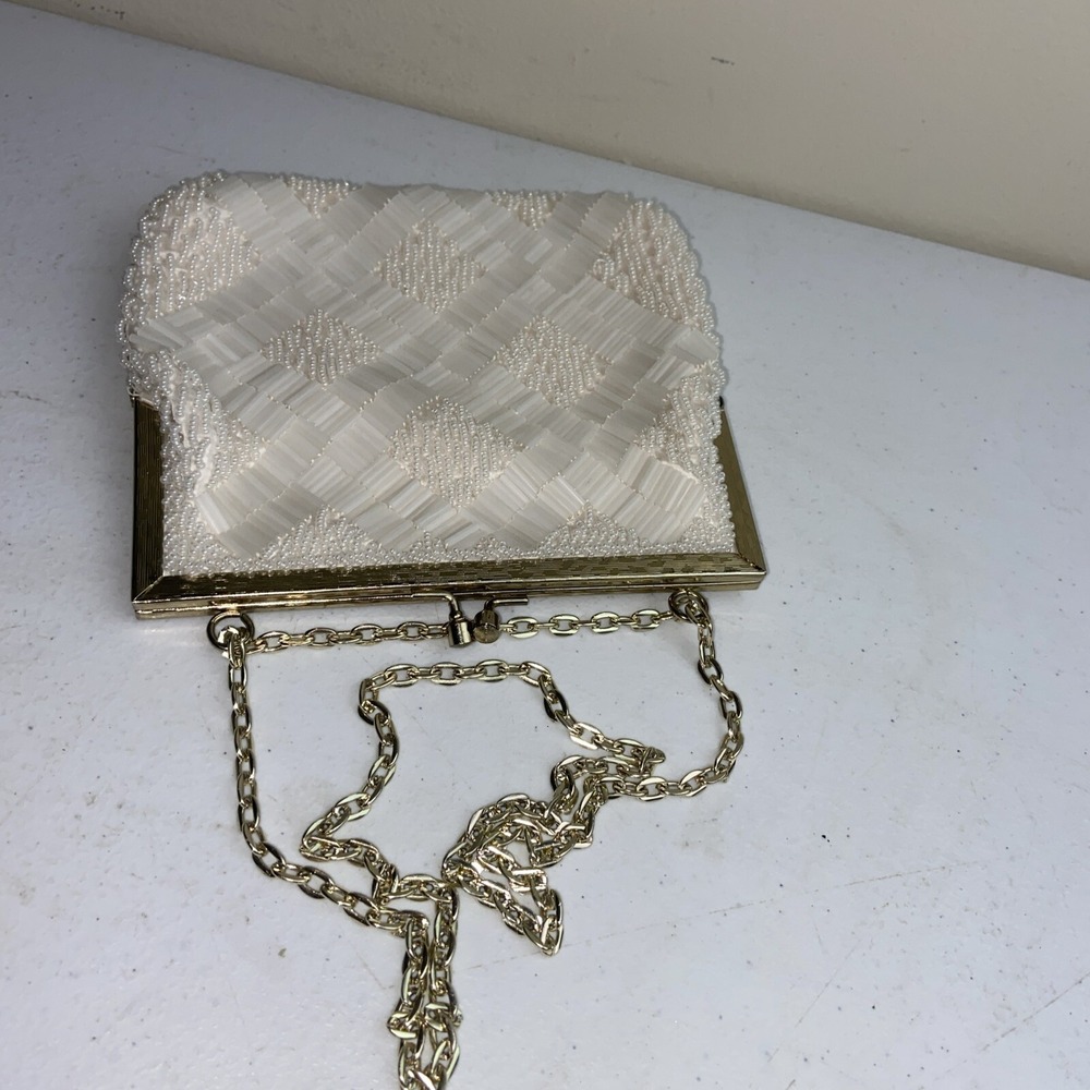 Walborg White Beaded Clutch Purse Pearls Mid Century Made in Hong Kong Vintage